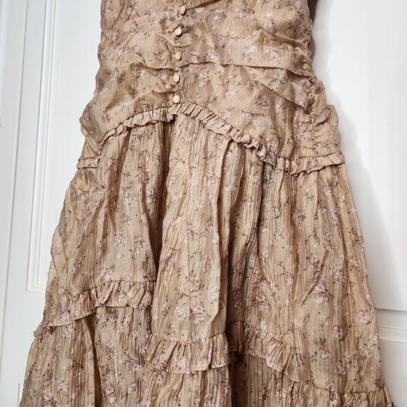 Storia Floral Tiered Midi Dress Cottagecore Boho Ruffle Tan Size M - Picture 5 of 12